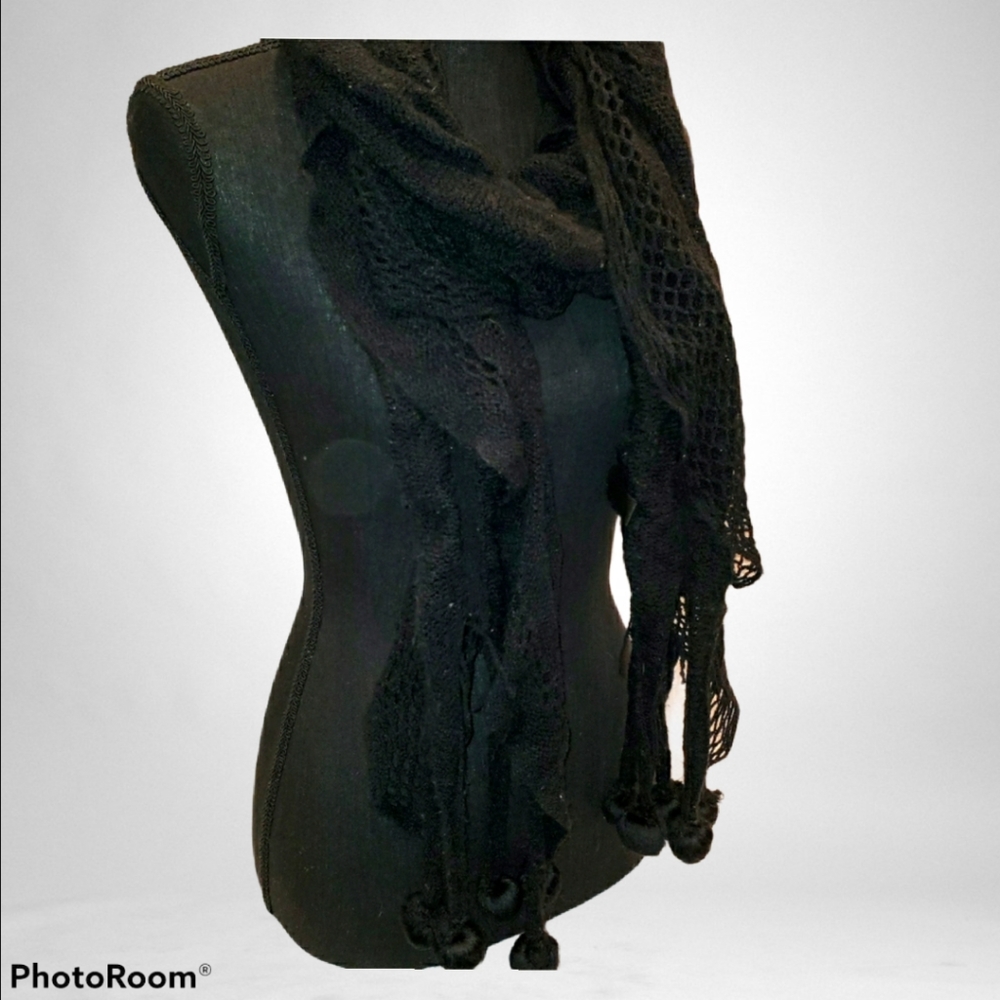 Black Knit Scarf with Pom Tassels